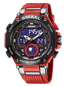 Спортен мъжки часовник Smael Unlimited, Хронограф, Двойно време, LED Подсветка, Червен / Черен