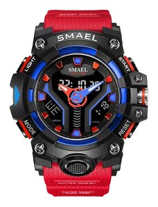 Спортен мъжки часовник Smael Hyper Sport, Двойно време, Хронограф, LED Подсветка, Червен / Син