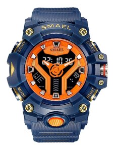 Спортен мъжки часовник Smael Hyper Sport, Двойно време, Хронограф, LED Подсветка, Син / Оранжев