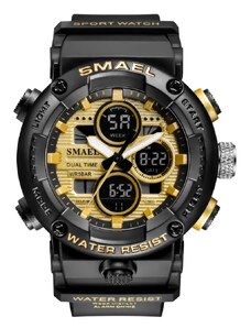 Спортен мъжки часовник Smael G Sport, Хронограф, Двойно време, LED Подсветка, Черен / Златист