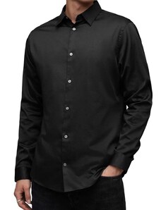 Памучна риза AllSaints Simmons в черно с кройка по тялото с класическа яка