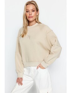 Trendyol Stone Crew Collar Regular Fit Embroidered Fleece Inside Knitted Sweatshirt