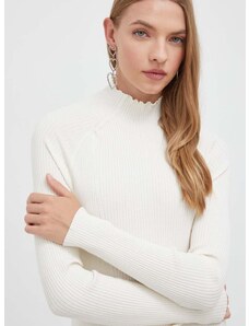 Пуловер HUGO дамски в бяло от лека материя с ниско поло