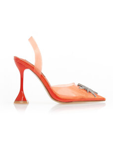 Tsoukalas Обувки на ток mules, в оранжев цвят, прозрачни, с катарама с кристали и специален тип ток
