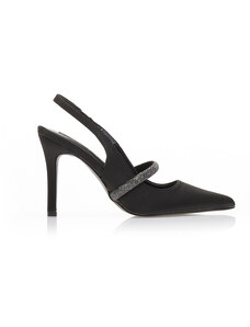 Tsoukalas Обувки на ток mules в черен цвят, от сатен, с каишка с кристали
