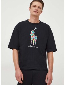 Памучна тениска Polo Ralph Lauren в черно с принт 710926611