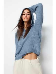 Trendyol синьо мека текстурирана качулка трикотаж пуловер
