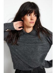 Trendyol Gray Soft Textured Stone Embroidered Knitwear Sweater