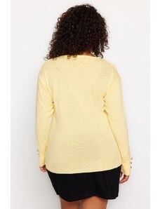 Trendyol крива светло жълто v-образно деколте бутон подробни трикотаж пуловер