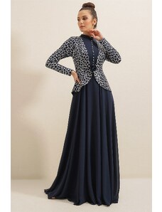 By Saygı От Saygı Sequin леопард модел позлатена подплатена шифон дълга рокля тъмно синьо