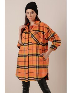 By Saygı Plaid Wool Cachet Long Shirt Orange with Pocket