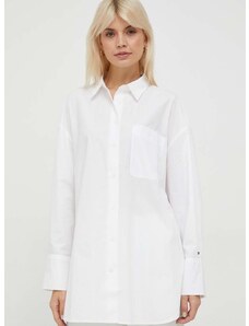 Памучна риза Tommy Hilfiger дамска в бяло със свободна кройка с класическа яка WW0WW40540