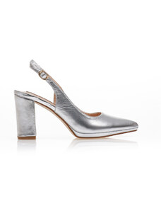Tsoukalas Обувки на ток mules, в сребрист цвят, от изкуствена кожа,с каишка на глезена. Остър връх.