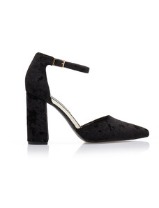 Tsoukalas Обувки на ток в черен цвят, изработени от кадифе, с каишка и златисти детайли. Остър връх.