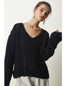 Happiness İstanbul Щастие İstanbul жените черно изтръгнат подробни извънгабаритни трикотаж пуловер