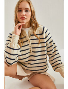 Bianco Lucci Women's Buttonhole Turtleneck Striped Knitwear Sweater