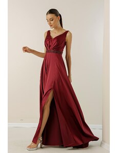 By Saygı От Saygı V-образно деколте широки презрамки, мъниста облицована талията, широко тяло вечер дълга сатенена рокля