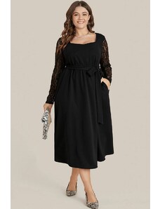 LoveYourCurvy Черна макси рокля с миди дължина и дантелени ръкави