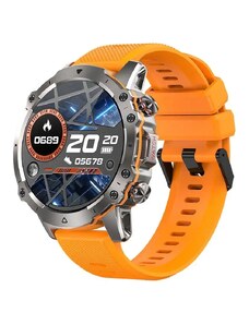 Мъжки Смарт часовник NUBI AK56, Bluetooth разговор, Пулс, Калории, Кръвно налягане, Дистанционна камера, Допълнителна сребриста метална каишка, Сребрист / Оранжев