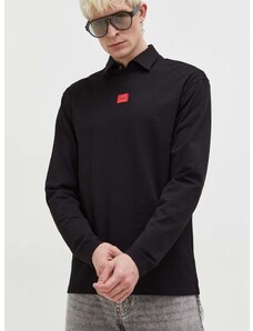 Памучна блуза с дълги ръкави HUGO в черно с апликация 50511038