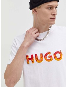 Памучна тениска HUGO в бежово с принт 50504542
