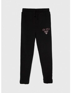 Детски памучен спортен панталон Guess в черно с принт