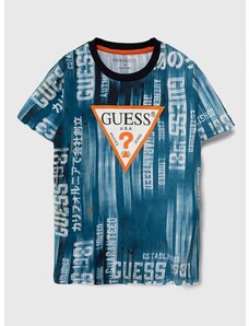 Детска памучна тениска Guess в синьо с десен