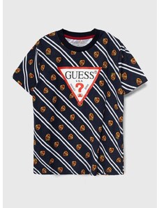 Детска памучна тениска Guess в тъмносиньо с десен