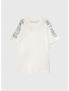 Детска памучна тениска Guess в бяло с принт