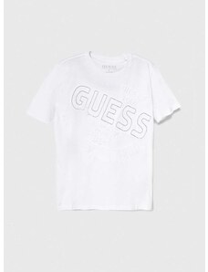 Детска памучна тениска Guess в бяло с апликация