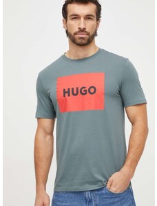 Памучна тениска HUGO в зелено с принт 50467952