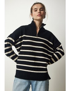 Happiness İstanbul Щастие İstanbul Дамски черно-бял цип яка раирани трикотаж пуловер