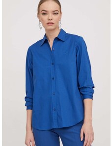 Риза HUGO дамска в синьо със стандартна кройка с класическа яка 50496339