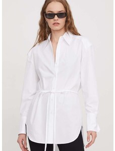 Памучна риза HUGO дамска в бяло със свободна кройка с класическа яка 50513277
