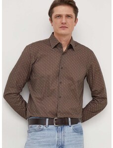 Риза BOSS мъжка в кафяво с кройка по тялото класическа яка 50508345
