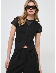 Блуза с лен Karl Lagerfeld в черно с изчистен дизайн