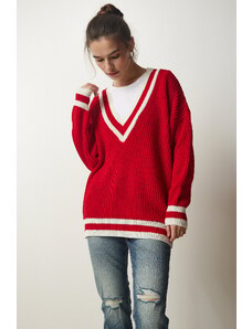 Happiness İstanbul Щастие İstanbul жените червено v-образно деколте ивица подробни извънгабаритни трикотаж пуловер