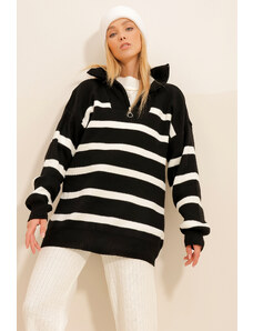 Trend Alaçatı Stili Тенденция Alaçatı Stili Дамски черен цип раиран трикотаж зимен пуловер