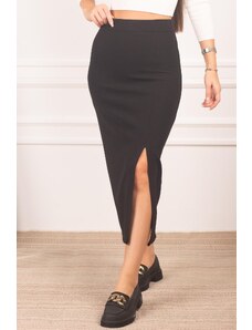 armonika Below Knee Pencil Skirt with Front Slit and Elastic Waist
