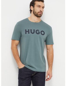 Памучна тениска HUGO в зелено с принт 50467556