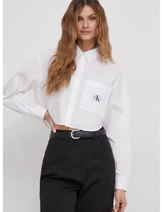 Памучна риза Calvin Klein Jeans дамска в бяло със свободна кройка с класическа яка J20J222614