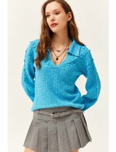 Olalook жените синьо поло врата малко помпон мека текстурирани трикотаж пуловер
