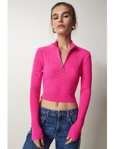 Happiness İstanbul Щастие İstanbul жените розов цип оребрени култура трикотаж пуловер