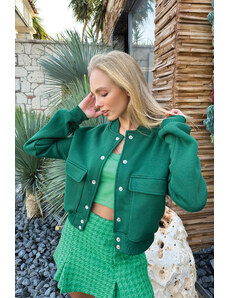 Trend Alaçatı Stili Тенденция Alaçatı Stili жените зелено щракам затваряне двоен джоб вътрешен повишаване кроп яке