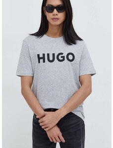 Памучна тениска HUGO в сиво с принт 50467556