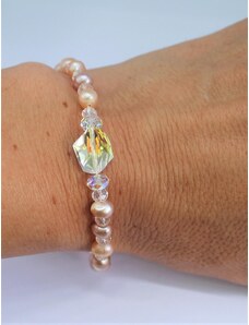 Bijuternica Гривна от естествени сладководни перли в цвят Праскова и кристали Swarosvki Crystal AB