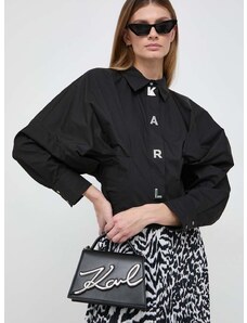 Памучна риза Karl Lagerfeld дамска в черно със свободна кройка с класическа яка
