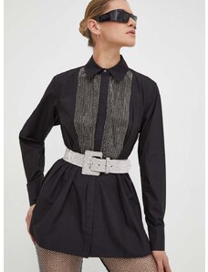 Памучна риза Karl Lagerfeld дамска в черно със свободна кройка с класическа яка