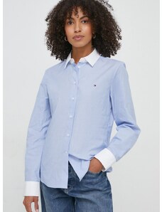 Памучна риза Tommy Hilfiger дамска в синьо със стандартна кройка с класическа яка WW0WW40531