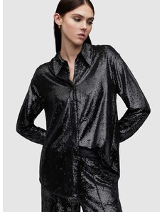 Риза AllSaints Charli дамска в черно със свободна кройка с класическа яка